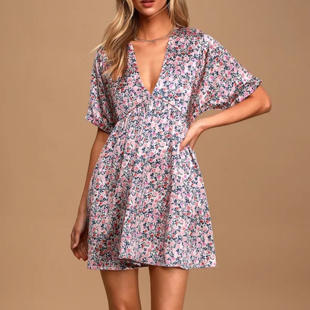 Express Yourself Blush Pink Floral Print Satin Babydoll Dress